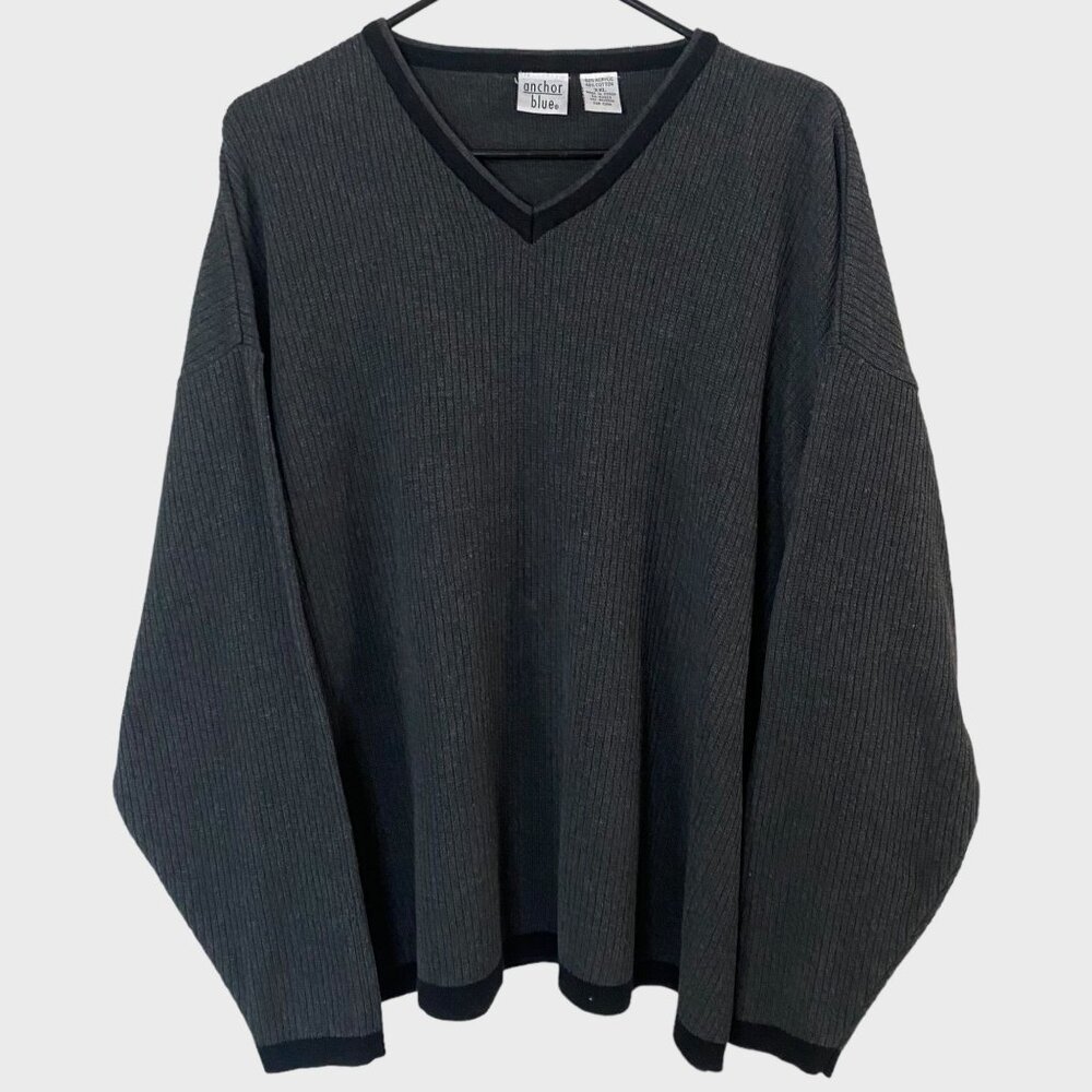Vintage Anchor Blue Rib-Knit V-Neck Sweater Gray Men's XXL Pullover Long-Sleeve